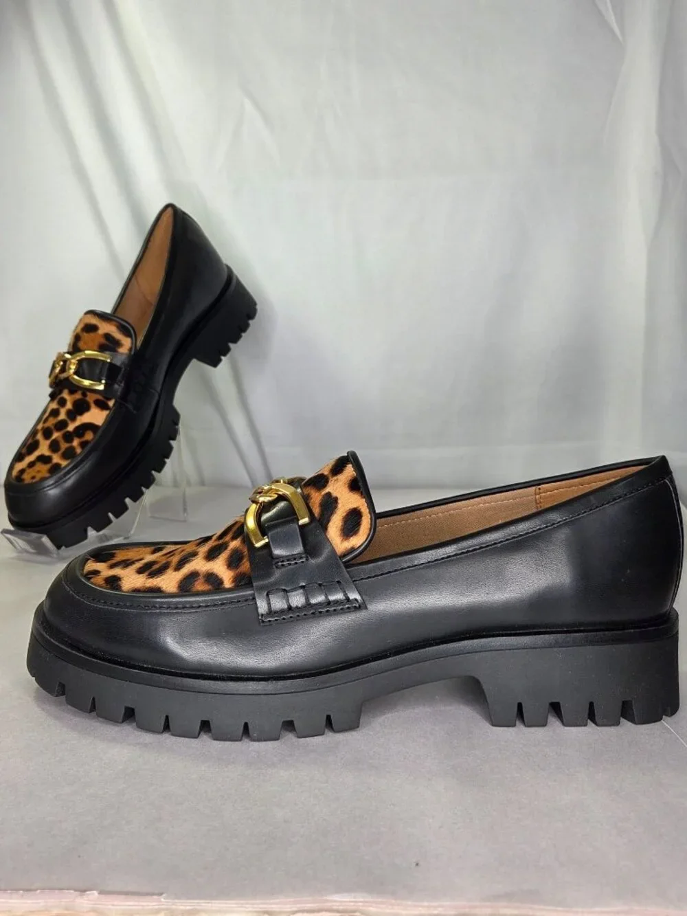 Nine West Gables Chain Bit Lug Loafers - Black/Leopard Calf Hair